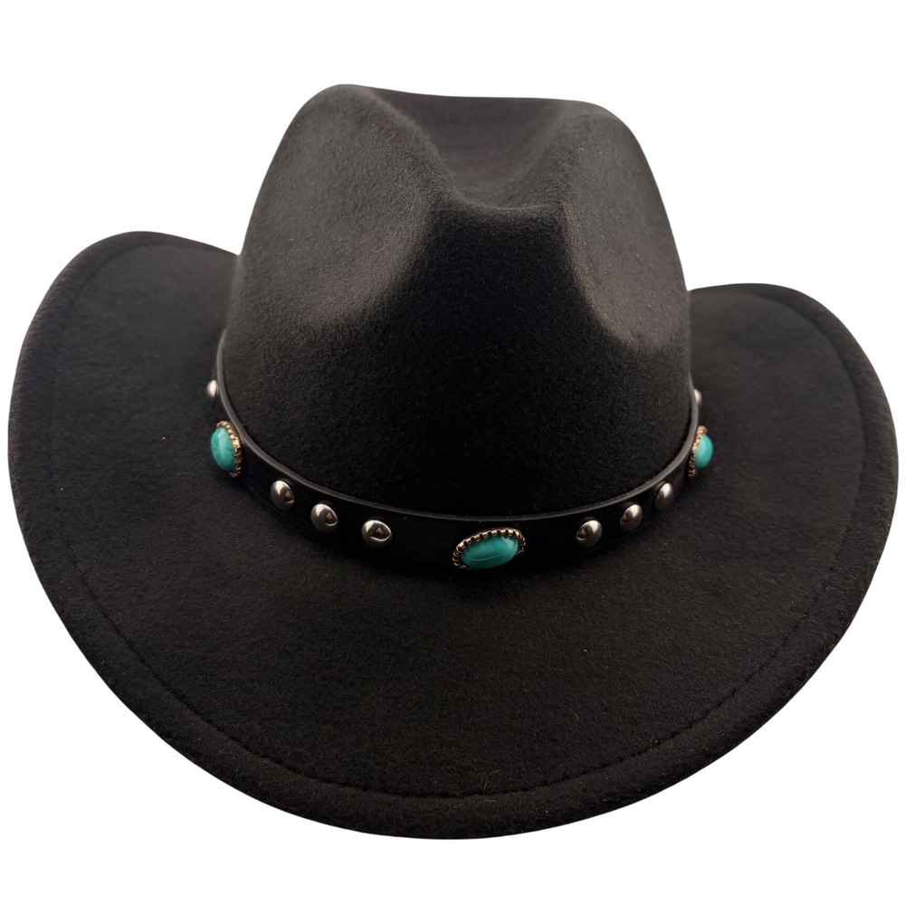 Faux Felt Cowboy Hat Black Western Boho Festival Turquoise Studded